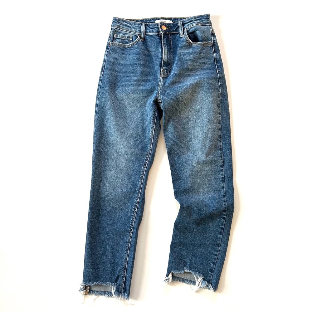 Cello Medium Wash High Rise Raw Chewed Hem Cotton Stretch Crop Denim Jeans